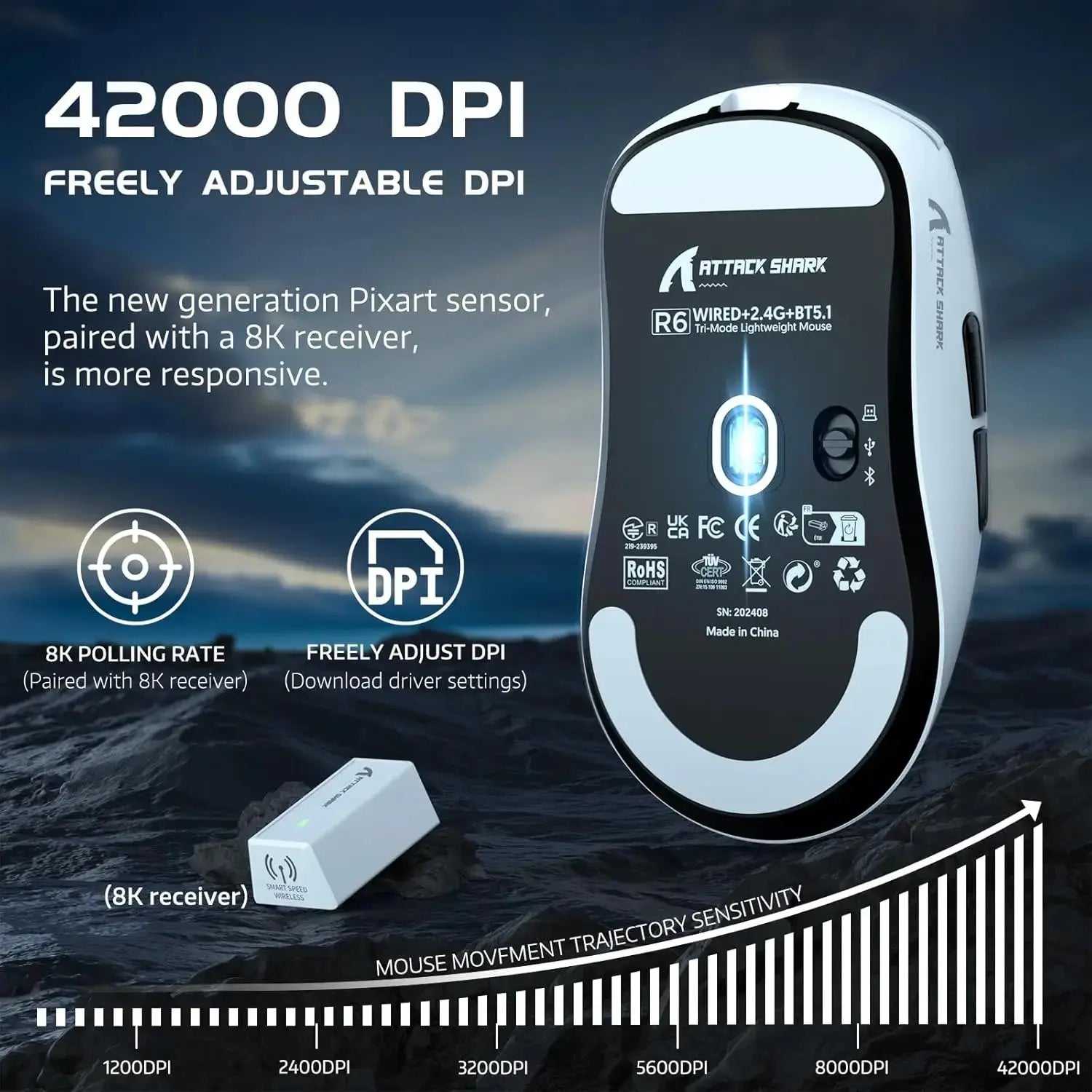 Attack Shark R6 Lightweight Wireless Gaming Mouse, PAW 3950Max Sensor Computer Mouse with Nordic 52480, 8KHz Polling Dropshipman