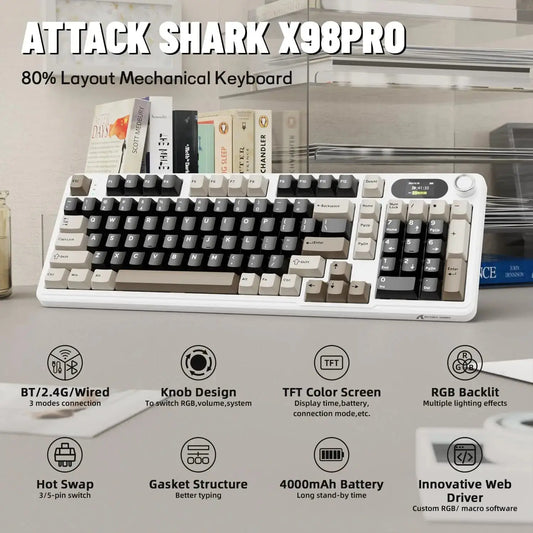 ATTACK SHARK X98Pro Wireless Mechanical Keyboard with Screen & Knob, Tri-mode Gasket Hot Swappable RGB  Keyboard, Web Driver Dropshipman