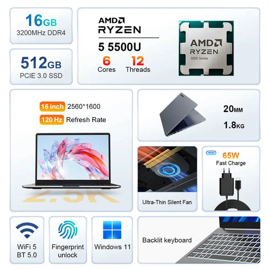 Ninkear A15 Pro Laptop 16" IPS 2.5K FHD AMD Ryzen5 5500U Notebook 16G DDR4 3200Mhz+512GB 54Wh Battery Windows11 PRO Computer Dropshipman
