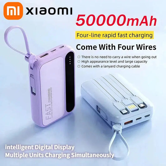 Xiaomi 50000mAh Built in Cables Power Bank 4 In1 Large Capacity Intelligent Digital Display Light Portable Battery For Samsung Dropshipman