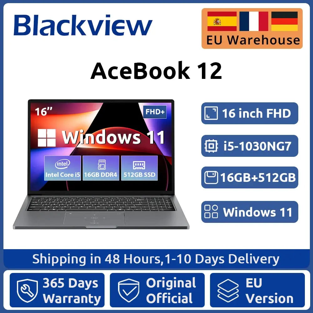 Blackview AceBook 12 Win 11 Laptop 16'' FHD IPS , Intel I5-1030NG7 Notebook, 16GB RAM 512GB SSD, 2-in-1 Fingerprint Power Button Dropshipman