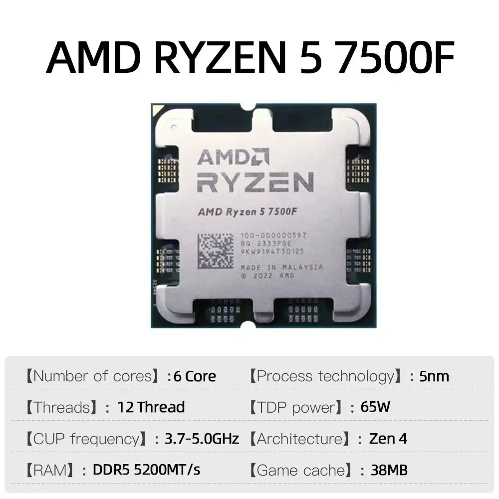 AMD Ryzen 5 7500F Processor CPU R5 7500F Up to 5.0 GHz 6-Core 12-Thread 32MB Game Cache Socket AM5 DDR5 5200MHz Desktop PC Gamer Dropshipman