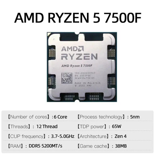 AMD Ryzen 5 7500F Processor CPU R5 7500F Up to 5.0 GHz 6-Core 12-Thread 32MB Game Cache Socket AM5 DDR5 5200MHz Desktop PC Gamer Dropshipman