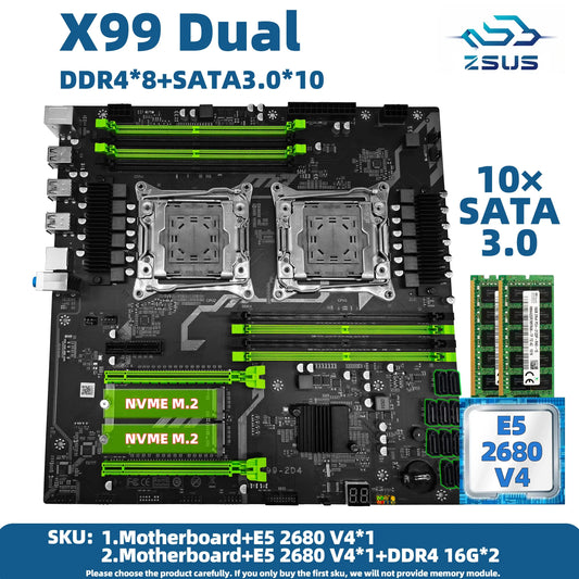 ZSUS X99 Dual CPU Motherboard Kit Xeon E5 2680 V4 with DDR4 32GB (2*16GB) LGA2011-3 M.2 NVME for Desktop Gaming Computer Dropshipman