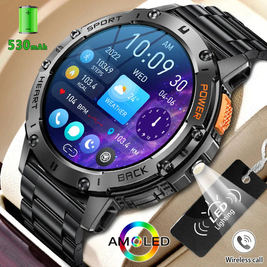 For Android ios New AMOLED Smart Watch Men with Flashlight Sports Waterproof Fitness Tracker Bluetooth Call Smartwatch Man+Box Dropshipman