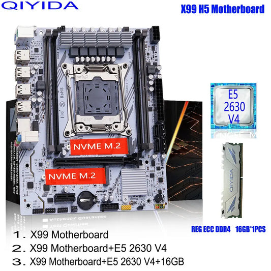 QIYIDA X99 Motherboard Set Kit With LGA2011-3 Xeon E5 2630 V4 CPU DDR4 16GB REG ECC memory PCI 16x NVME M.2 SATA x99 H5 Dropshipman