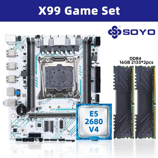 SOYO X99 Motherboard LGA 2011-3 Set Kit Xeon E5 2680 V4 CPU Processor 32G=2*16G DDR4 REG ECC RAM Memory M.2 NAME For Computer Dropshipman