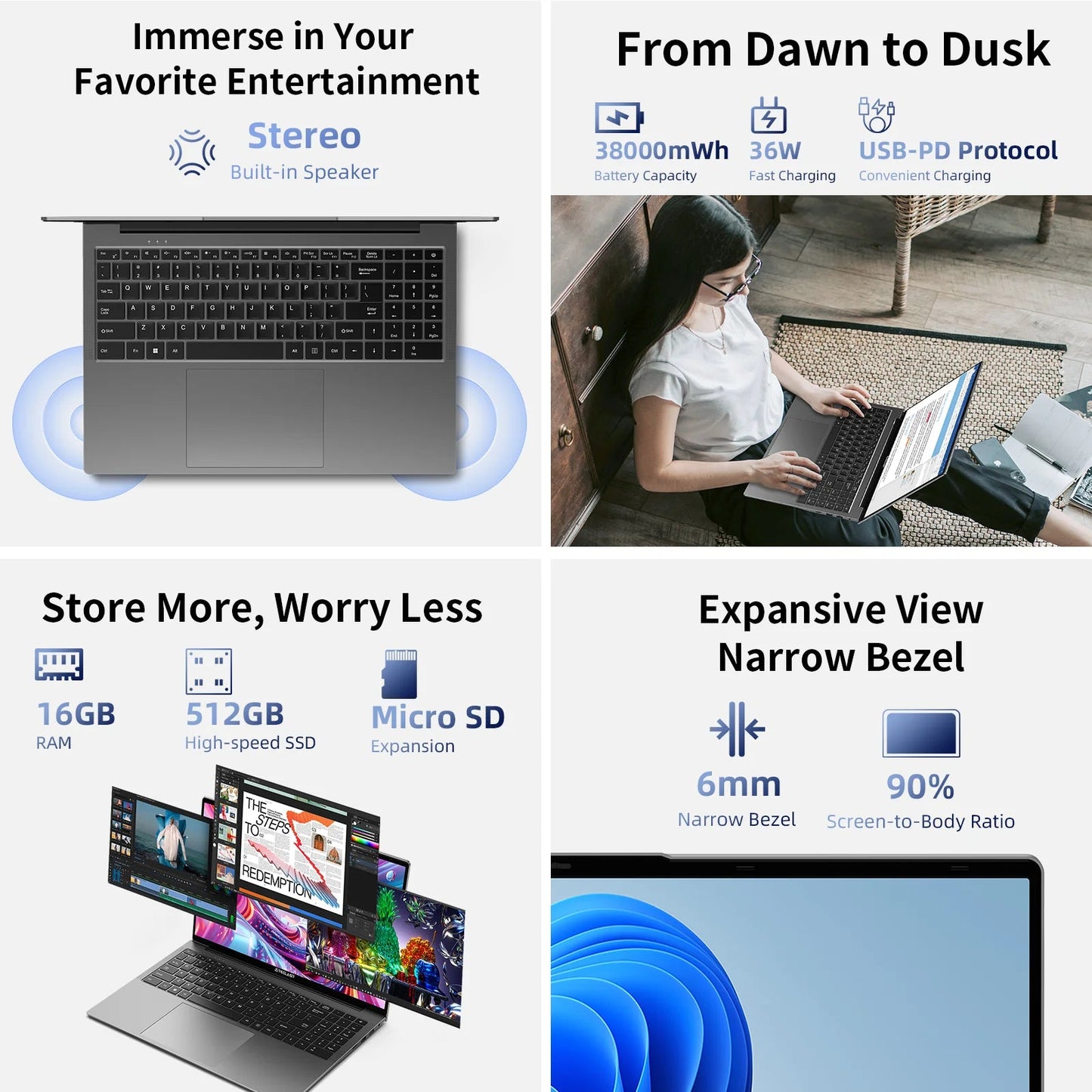 TECLAST F16 Air 16 inch laptop, Flip 180 degree, 16GB + 512GB, for Intel N95 CPU, Windows 11, mini HDMI, backlit keyboard Dropshipman