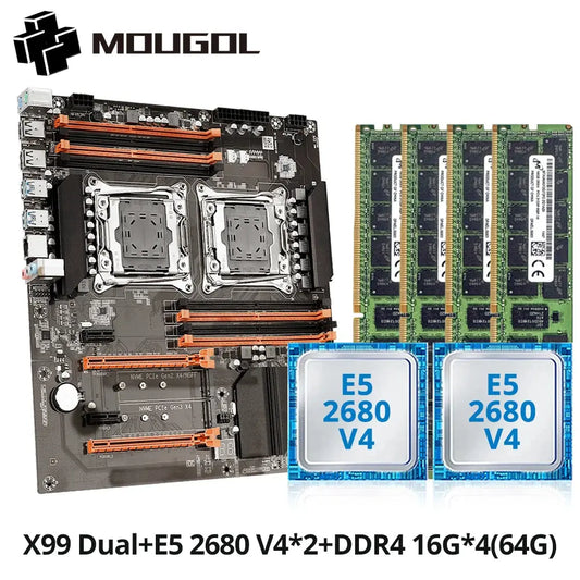 MOUGOl X99 Dual CPU Gaming Motherboard Set lntel Xeon E5 2680 V4&DDR4 64GB (4*16GB) LGA2011-3 M.2 NVME for Server Computer Host Dropshipman