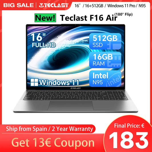 TECLAST F16 Air 16 inch laptop, Flip 180 degree, 16GB + 512GB, for Intel N95 CPU, Windows 11, mini HDMI, backlit keyboard Dropshipman