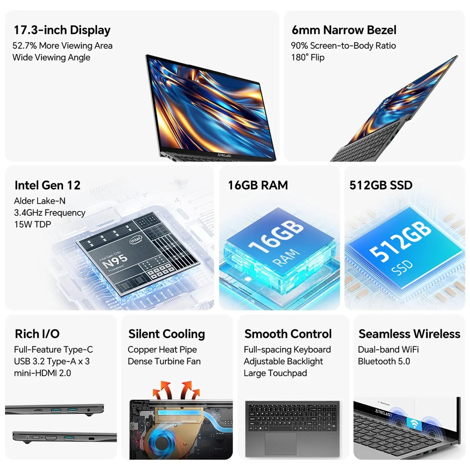Teclast F17Plus 17.3 inch Laptop Intel N95 16GB RAM 512GB SSD Windows 11 Notebook 180° Flip Computer Backlit Keyboard mini-HDMI Dropshipman