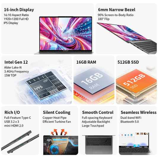 TECLAST F16 Air 16 inch laptop, Flip 180 degree, 16GB + 512GB, for Intel N95 CPU, Windows 11, mini HDMI, backlit keyboard Dropshipman