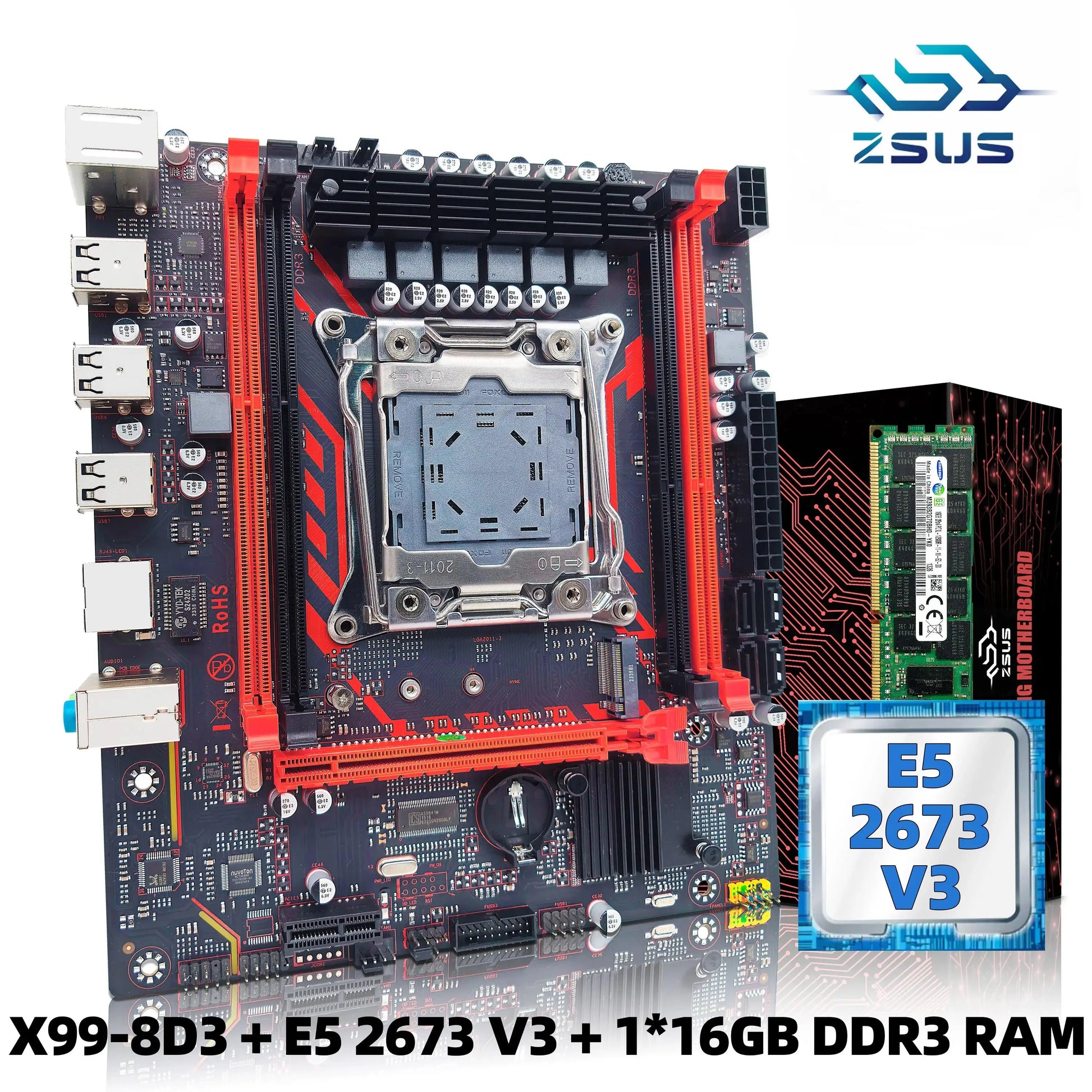 X99-8D3 ZSUS Motherboard Set Kit With Intel LGA2011-3 Xeon E5 2673 V3 CPU DDR3 1*16GB 1600MHZ ECC RAM Memory NVME M.2 SATA Dropshipman