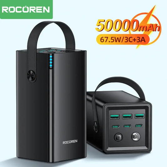 Rocoren 50000mAh Power Bank 22.5W Fast Charging USB Type C Powerbank With Flashlight Camping External Battery For iPhone 16 15 Dropshipman