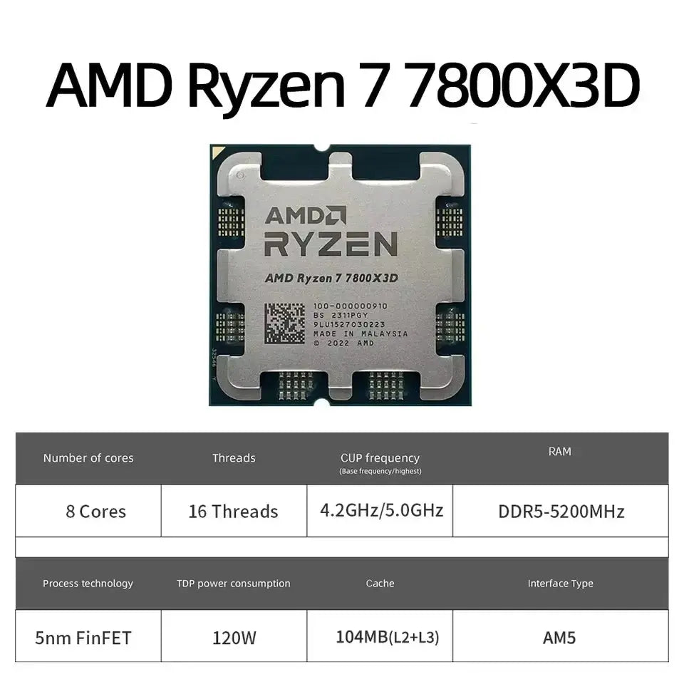 AMD RYZEN 7 7800X3D CPU Gaming Processor AMD R7 7800X3D 8-Core 16-Thread 5NM 96M Socket AM5 Without Fan Game Cache Hot No Fan Dropshipman