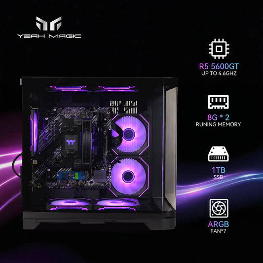 YEAH MAGIC Gaming Desktop AMD Ryzen 5 5600GT 3.9GHz 16GB(8G*2) DDR4 3200 1T NVME SSD ARGB 7 Fans Win 11 Home Gamer Desktop WIFI6 Dropshipman