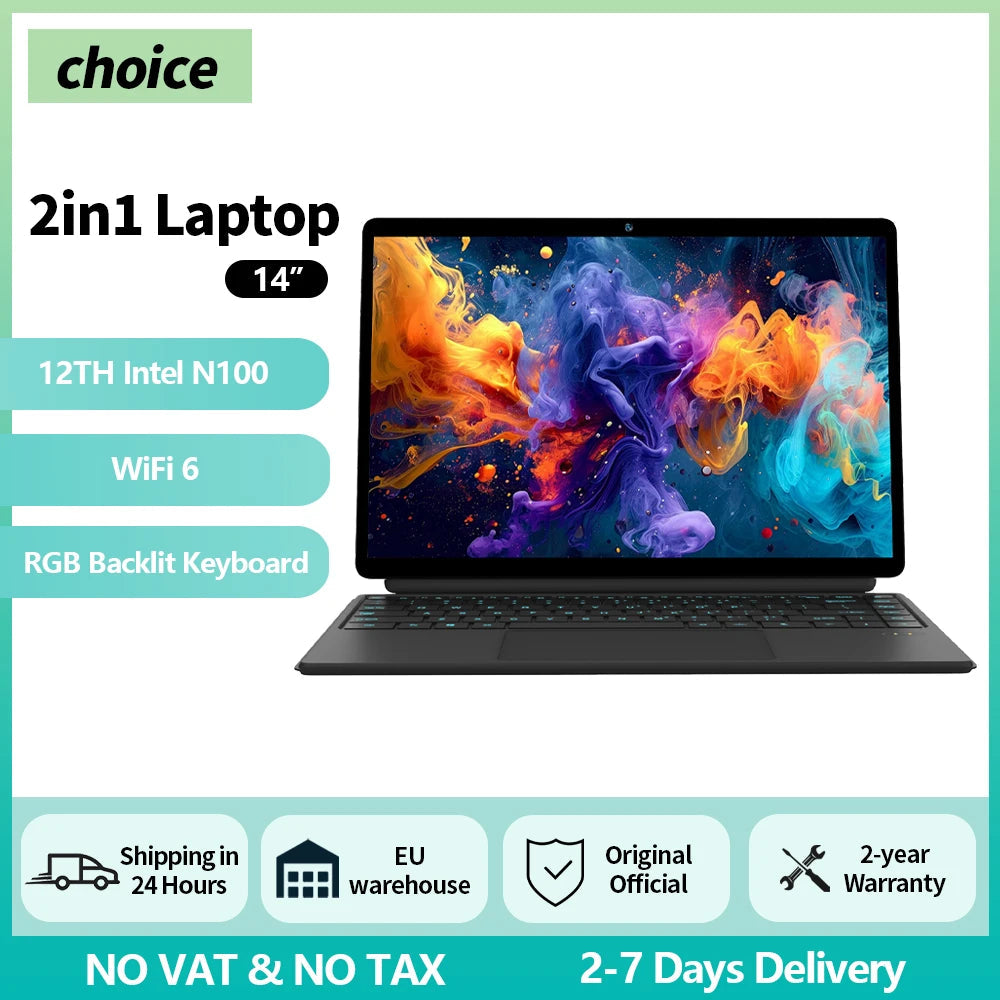Laptop TouchScreen 2 in 1 Tablet Intel N100 14 Inch FHD 16GB DDR5+512GB SSD Wifi 6 RGB Backlit Keyboard Windows 11 Pro Dropshipman