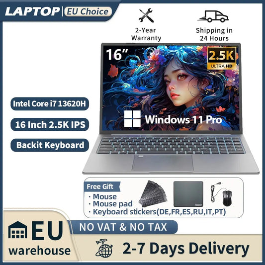 Laptop 16 inch 2.5K 120Hz Intel Core i7-13620H WiFi 6 32GB RAM 1TB SSD Laptop Windows 11 pro Notebook Office Computer Dropshipman