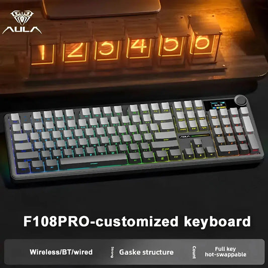 AULA F108 Pro Gaming Mechanical Keyboard Tri Mode Custom Multi-Knob Screen RGB Esports Wireless Keyboard with TFT Smart Display Dropshipman