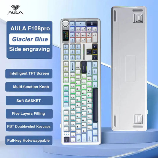 AULA F108 Pro Gaming Mechanical Keyboard Tri Mode Custom Multi-Knob Screen RGB Esports Wireless Keyboard with TFT Smart Display Dropshipman
