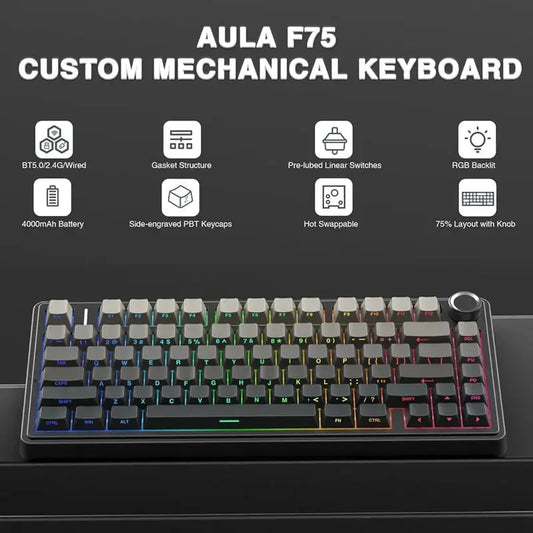 AULA F75 Gaming Mechanical Keyboard RGB Customized 75% Layout Side-engraving Gasket Mounted 80keys PBT Gradient Keycaps keyboard Dropshipman