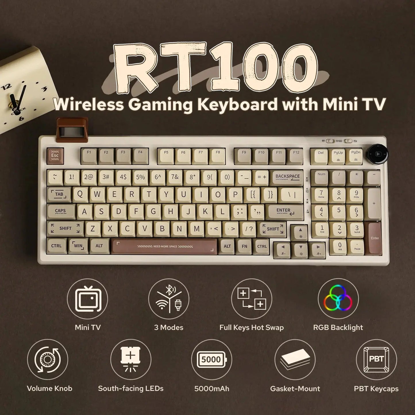 EPOMAKER RT100 97key 95% Bluetooth 5.0/2.4G Wireless/Wired Mechanical Keyboard Customizable Mini Display Gasket-mounted Dropshipman