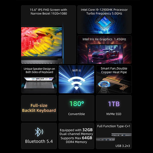 BMAX 15.6" X17 Power 32GB RAM 1TB SSD Intel i9 12900HK CPU Windows 11 Notebook 1920*1080 Wifi USB PC Bluetooth laptop Dropshipman