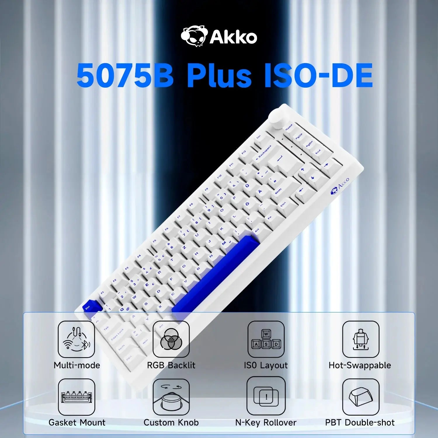 Akko 5075B Plus Blue on White 75% ISO-DE Layout Mechanical Gaming Keyboard Hot-swapple Multi-Modes 2.4GHz /USB Type-C/BT 5.0 Dropshipman