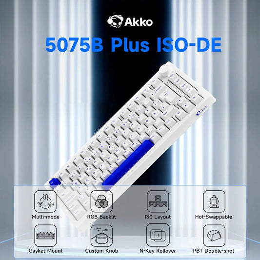 Akko 5075B Plus Blue on White 75% ISO-DE Layout Mechanical Gaming Keyboard Hot-swapple Multi-Modes 2.4GHz /USB Type-C/BT 5.0 Dropshipman