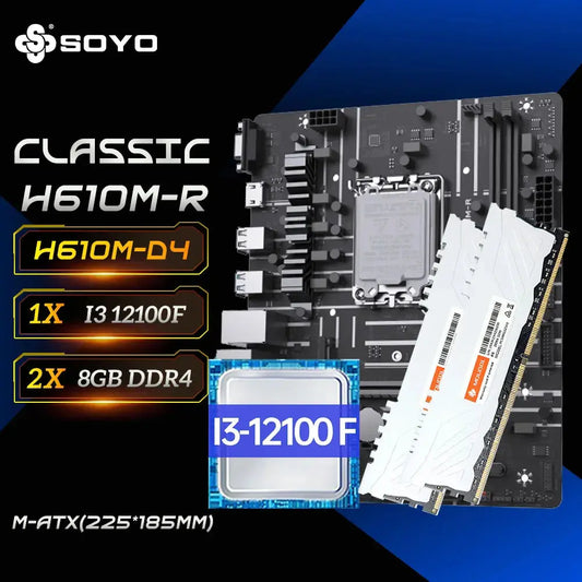SOYO Motherboard Set H610M LGA1700 with Intel CPU i3 12100F DDR4 (8G*2) 16GB 3200MHz Desktop Computer components SATA3.0 M.2 Dropshipman