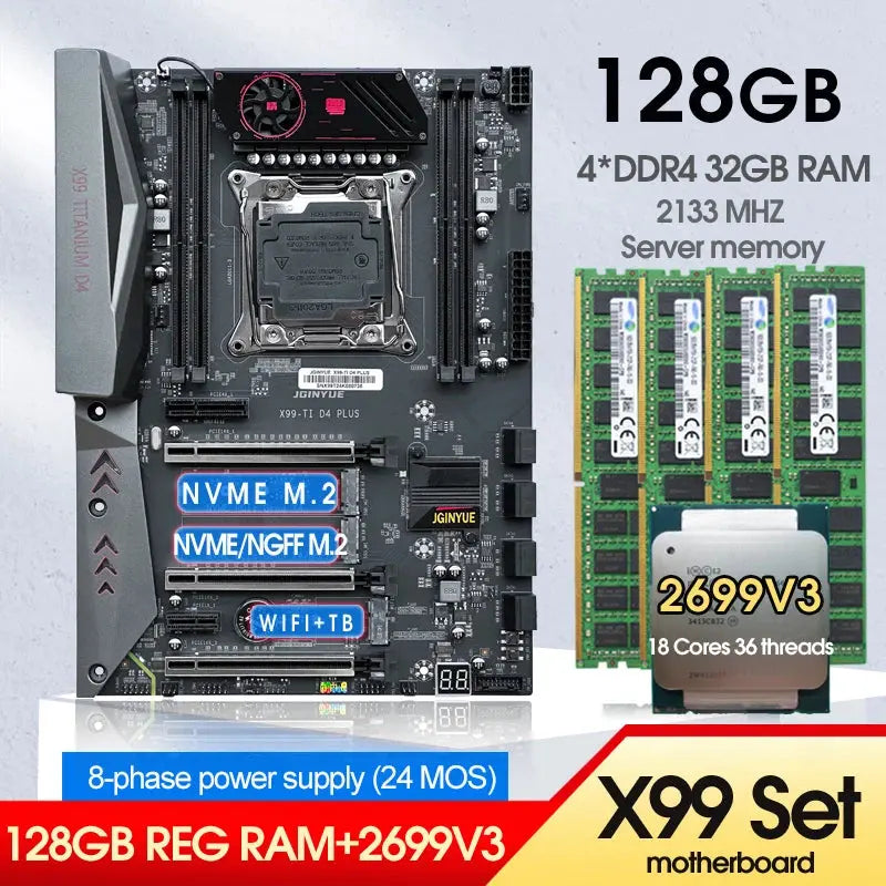 X99 Motherboard Combo Xeon E5 2699 V3 CPU Kit LGA 2011-3 4*32GB=128GB DDR4 RAM Memory Support NVME M.2 USB 3.0 TITANIUM D4 Dropshipman