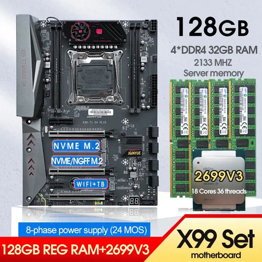 X99 Motherboard Combo Xeon E5 2699 V3 CPU Kit LGA 2011-3 4*32GB=128GB DDR4 RAM Memory Support NVME M.2 USB 3.0 TITANIUM D4 Dropshipman