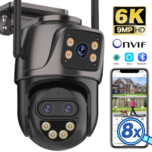 6K 9MP HD IP Camera Outdoor Three-Lens External WiFi Camera 4K/2K Dual Screen Security PTZ Cam Auto Tracking Surveillance iCSee Dropshipman