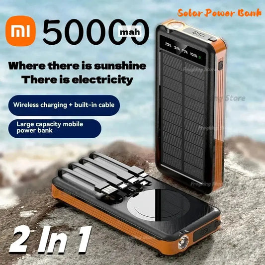 Xiaomi 50000mAh Solar Power Bank Wireless Fast Charging Battery Large Capacity Mobile Power Dual USB 4 Cables For iPhone Samsung Dropshipman