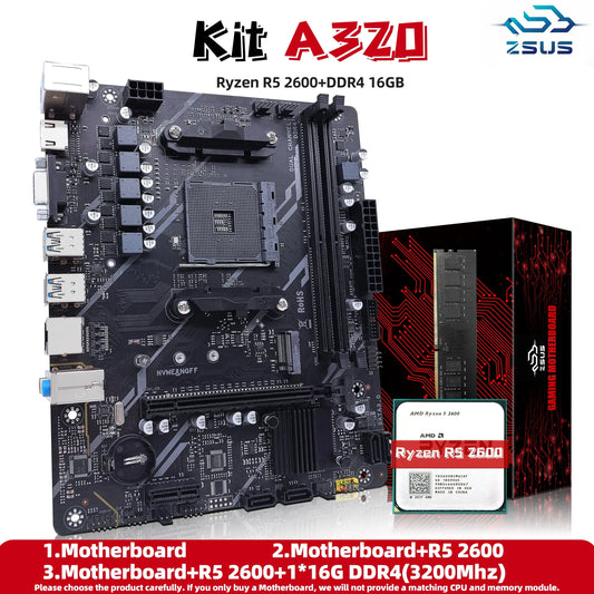 ZSUS A320 Motherboard Set Kit With Ryzen R5 2600 CPU DDR4 1*16GB 3200MHz memory AM4 Motherboard  M.2 NVME Dropshipman