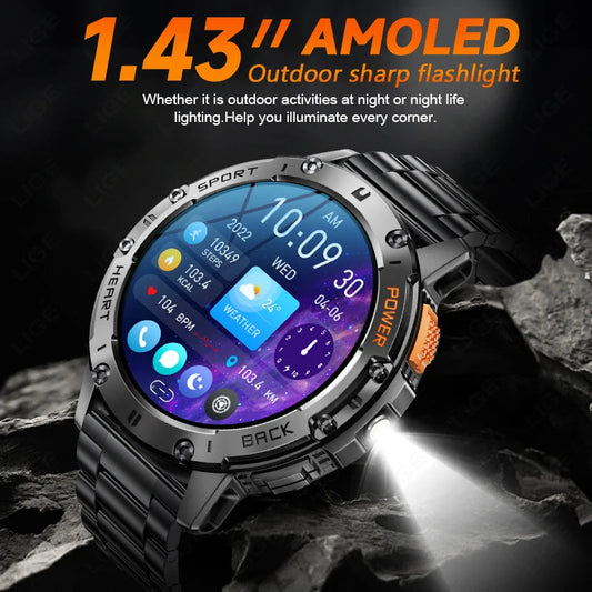 For Android ios New AMOLED Smart Watch Men with Flashlight Sports Waterproof Fitness Tracker Bluetooth Call Smartwatch Man+Box Dropshipman
