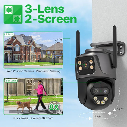 6K 9MP HD IP Camera Outdoor Three-Lens External WiFi Camera 4K/2K Dual Screen Security PTZ Cam Auto Tracking Surveillance iCSee Dropshipman
