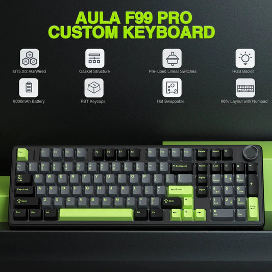 AULA F99pro Wireless Gaming Keyboard Gasket Structure Compatible with 3/5 Pins Hot-swap Mechanical Keyboard with Media Knob Dropshipman