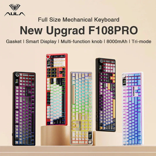 AULA F108 pro Wireless Bluetooth Keyboard Macro Gaming keyboard Gasket Hot-swap Full Size Keyboard with TFT Smart Display Dropshipman