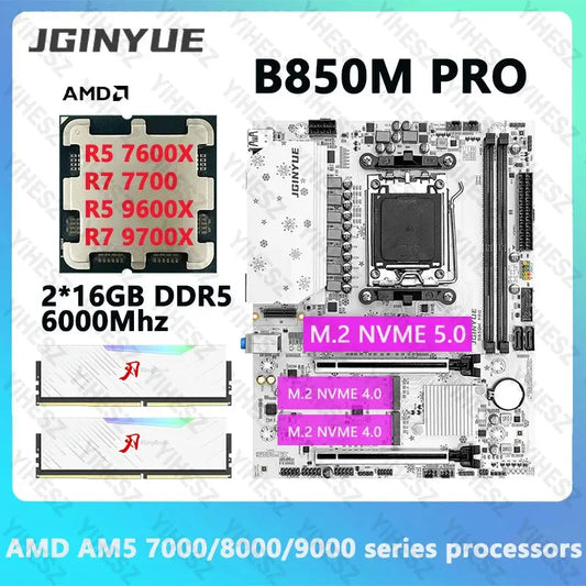 JGINYUE B850M PRO Motherboard Set AMD Ryzen 5 7600X/9600X Ryzen 7 7700/9700X CPU 2*16GB DDR5 6000MHz M.2 NVME SATA 3.0 ARGB Dropshipman