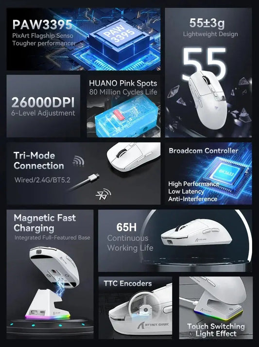 Attack Shark X6 PAW3395 Bluetooth Mouse,Tri-Mode Connection,RGB Touch Magnetic Charging Base,Macro Gaming Mouse Dropshipman