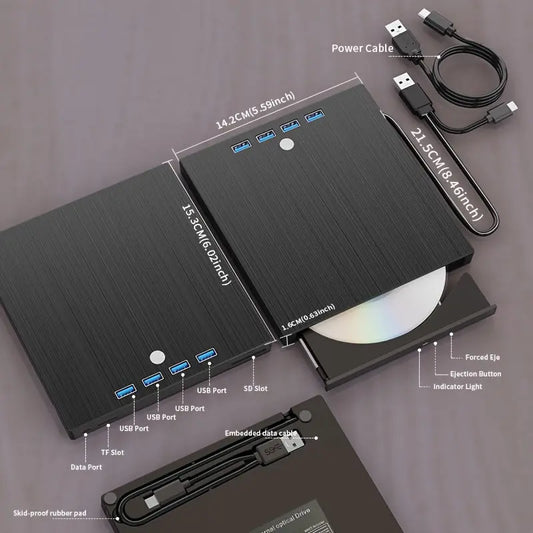 8-in-1 USB 3.0 & Type-C Portable External DVD/CD/RW Drive - Slim Plug & Play Burner for Laptop, PC, Windows/Mac/Linux - HD Playback, 4 USB Ports, SD/TF Card Reader Dropshipman