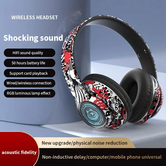 Wireless Headset with Shocking Sound, HIFI Sound Quality, 50 Hours Battery Life, Support Card Playback, Wired/Wireless Connection, RGB Luminous Lamp Effect, New Upgrade/Physical Noise Reduction, Acoustic Fidelity, Non-Inductive Delay/Computer/Mobile Phon Dropshipman